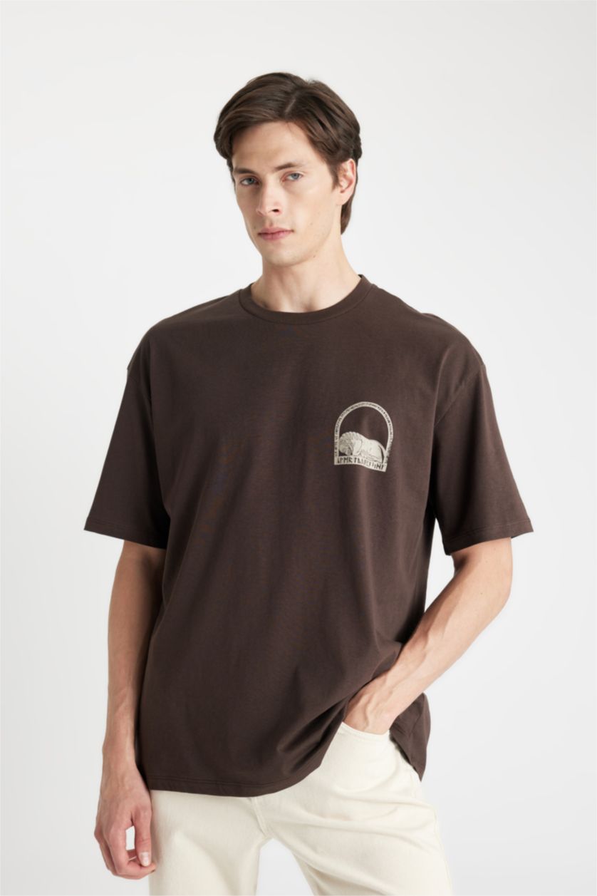 MAN Brown Oversize Crew Neck Back Printed Short Sleeve T-Shirt