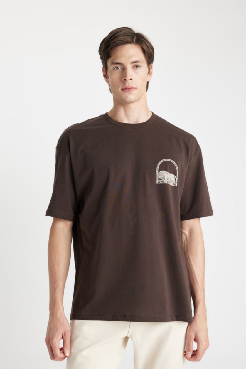MAN Brown Oversize Crew Neck Back Printed Short Sleeve T-Shirt