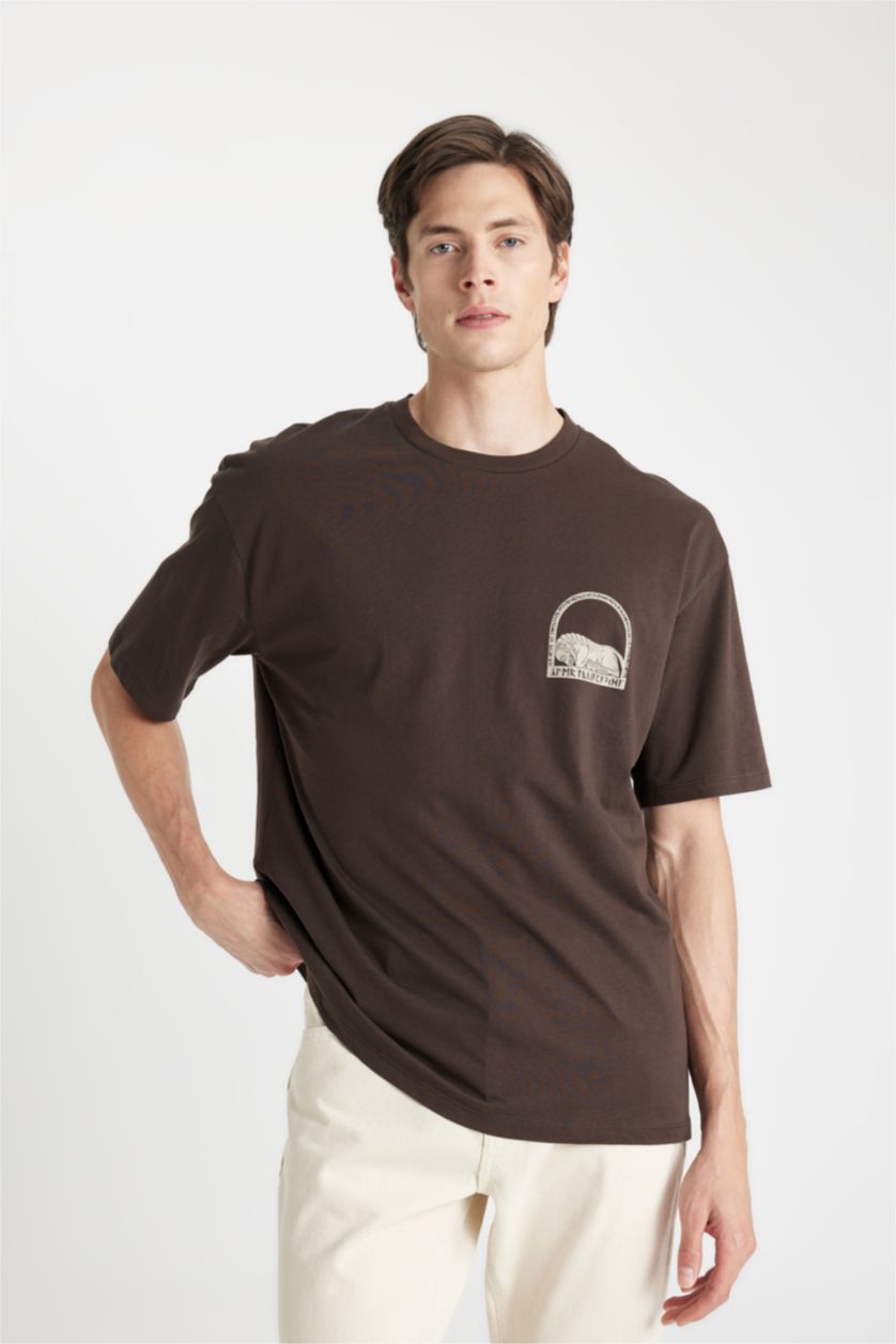 MAN Brown Oversize Crew Neck Back Printed Short Sleeve T-Shirt