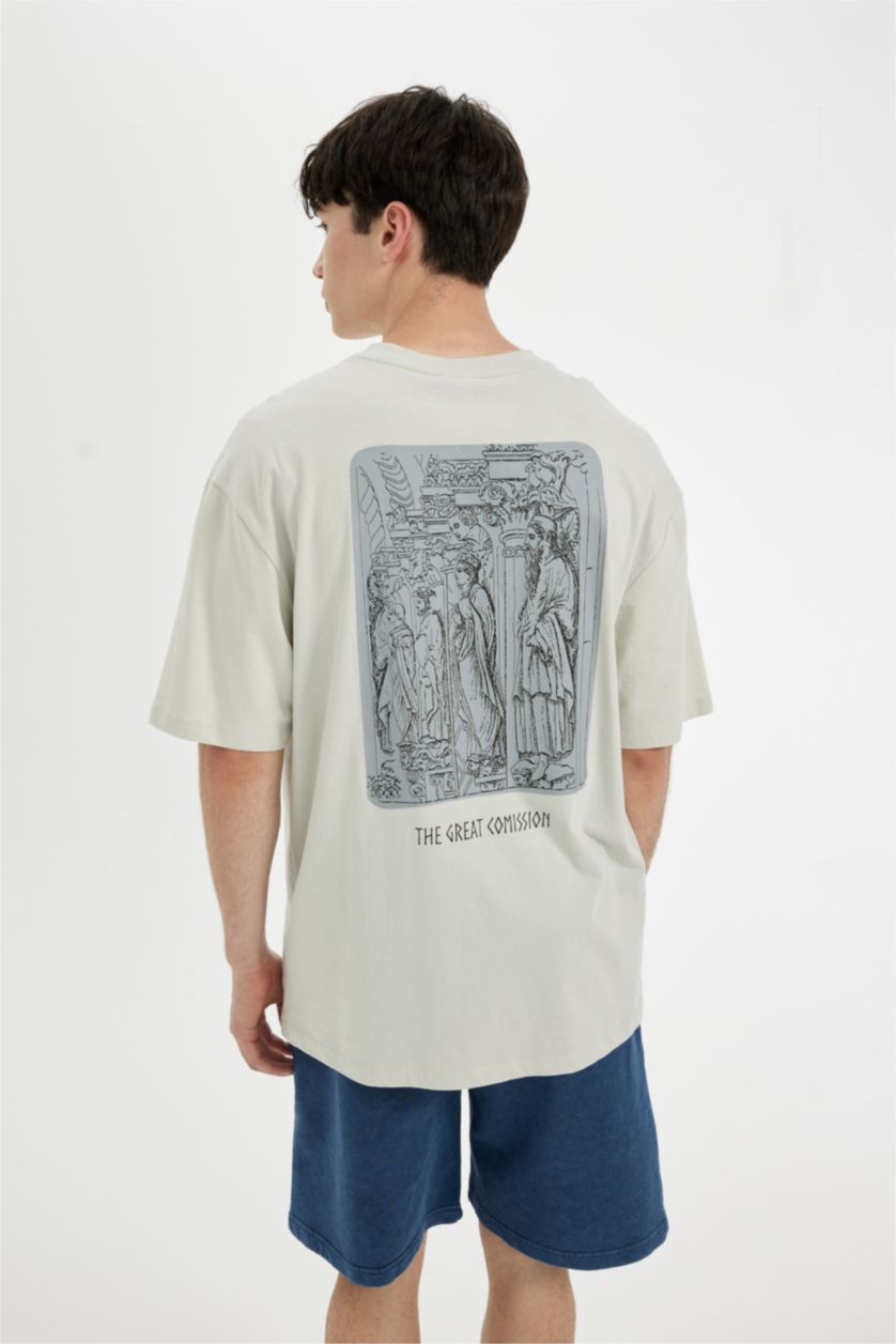 رجال اللون الحجري تيشيرت نص ردن قصة مريحة بطبعة من الخلف