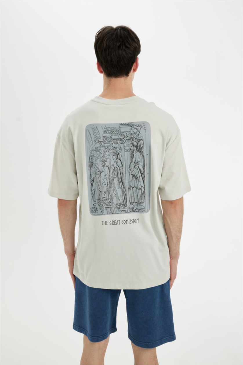 رجال اللون الحجري تيشيرت نص ردن قصة مريحة بطبعة من الخلف