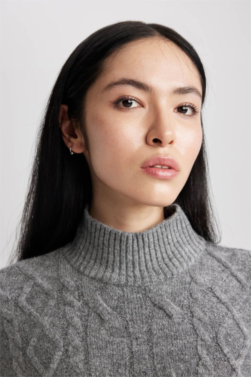 WOMAN Grey Regular Fit Half Turtleneck