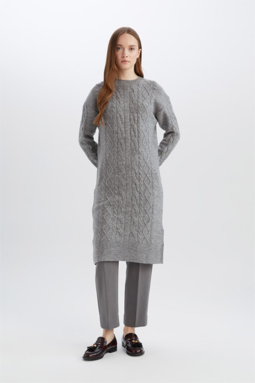 WOMAN Anthracite Regular Fit Crew Neck Knitted Basic Midi Knitwear Dress