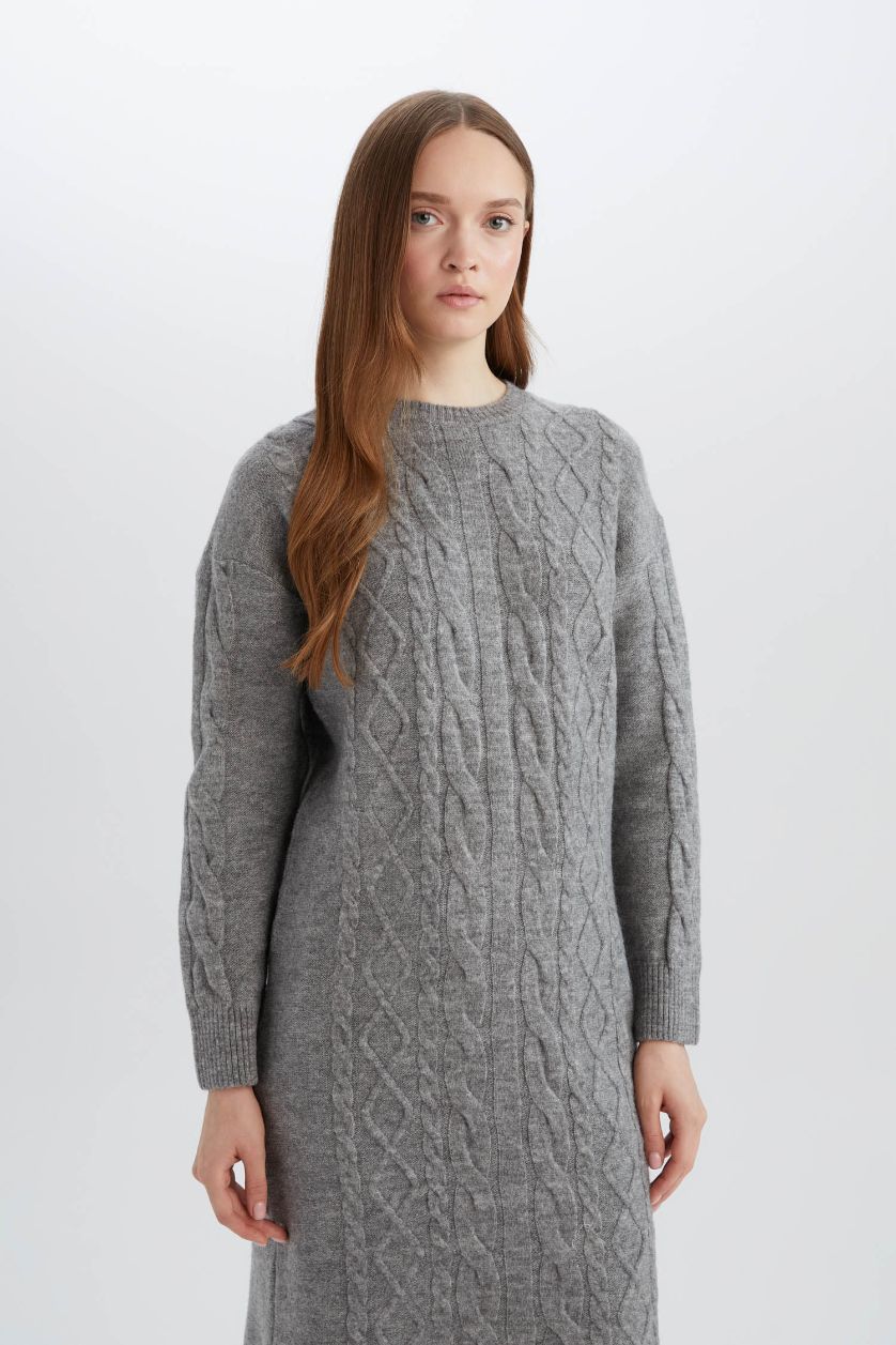 WOMAN Anthracite Regular Fit Crew Neck Knitted Basic Midi Knitwear Dress