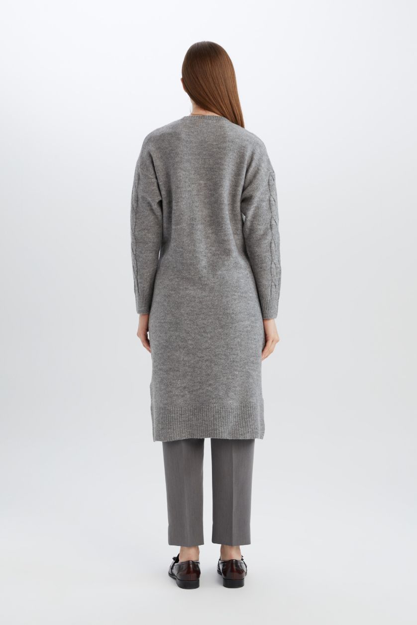 WOMAN Anthracite Regular Fit Crew Neck Knitted Basic Midi Knitwear Dress
