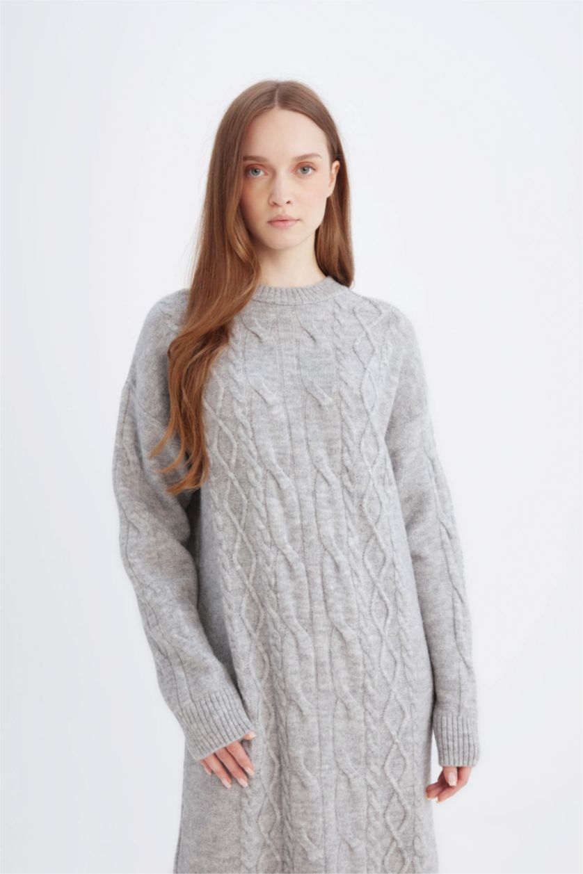 Kadın Gri Saç Örgü Desenli Basıc Midi Triko Elbise