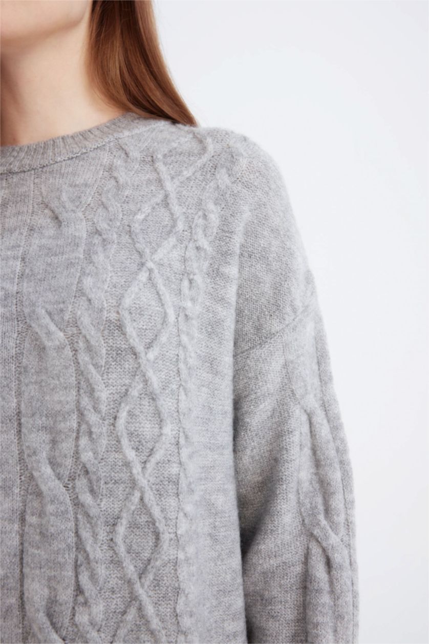 Kadın Gri Saç Örgü Desenli Basıc Midi Triko Elbise