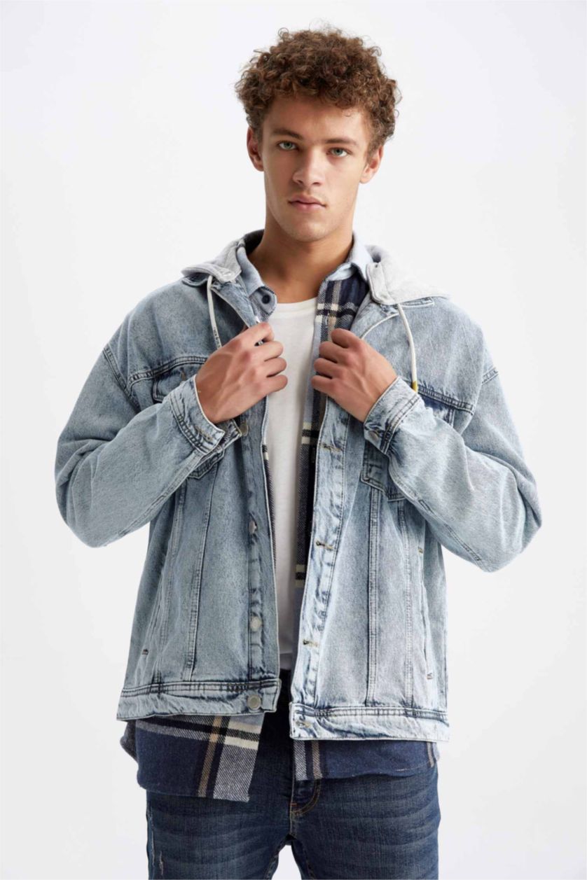 Erkek Açık Mavi Oversize Fit Çıkarabilir Kapüşonlu Jean Ceket