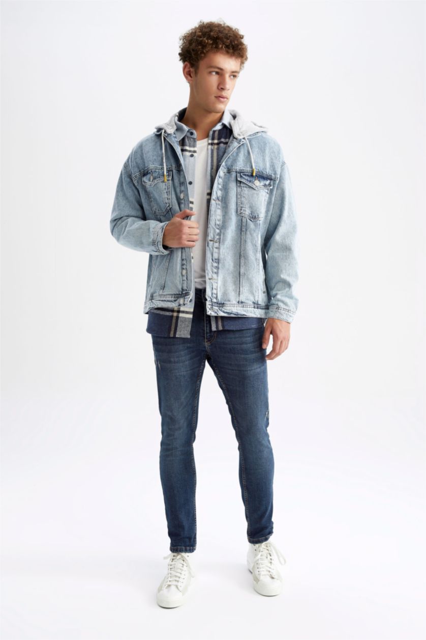 Erkek Açık Mavi Oversize Fit Çıkarabilir Kapüşonlu Jean Ceket