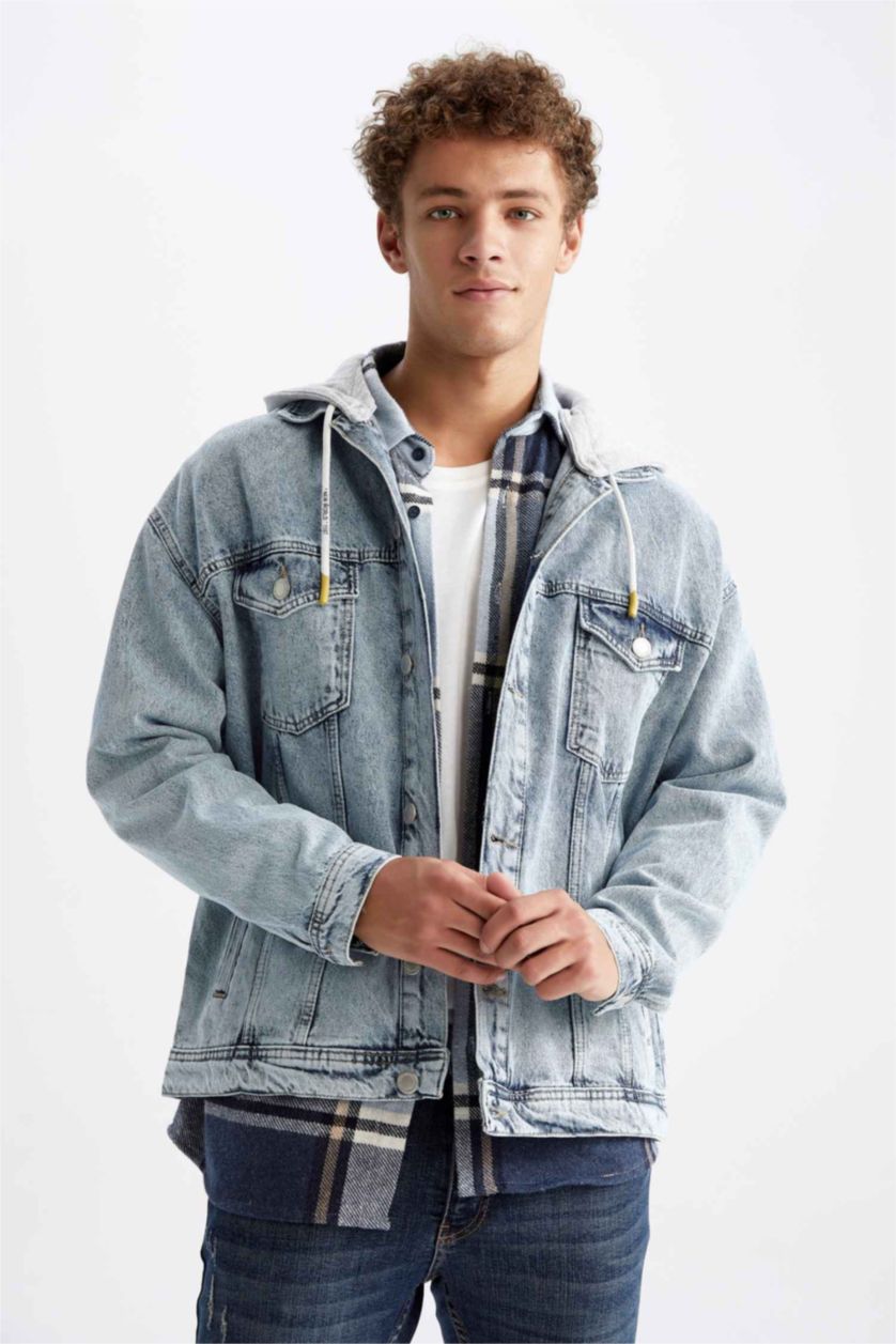 Erkek Açık Mavi Oversize Fit Çıkarabilir Kapüşonlu Jean Ceket