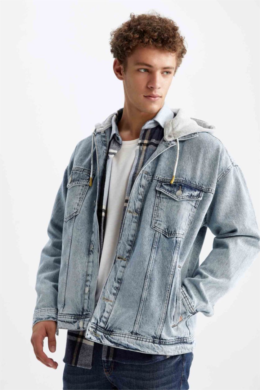 Erkek Açık Mavi Oversize Fit Çıkarabilir Kapüşonlu Jean Ceket