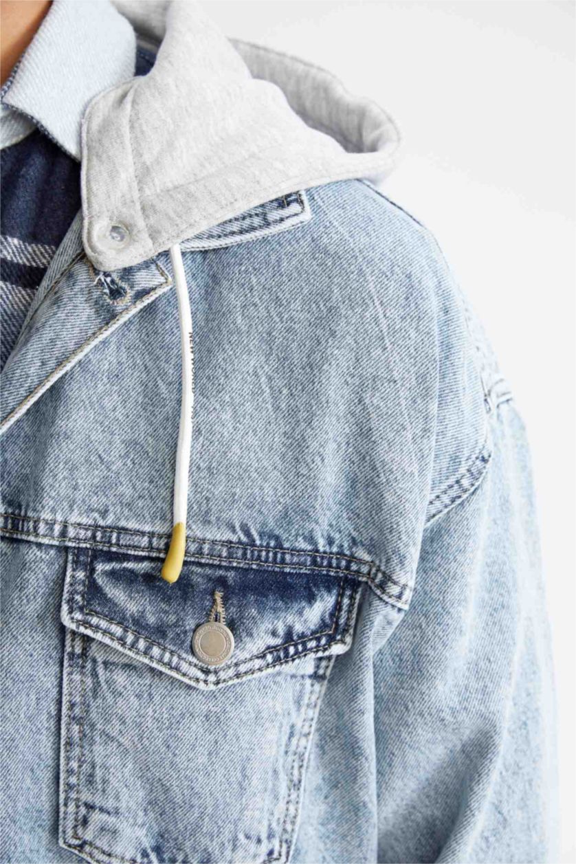 Erkek Açık Mavi Oversize Fit Çıkarabilir Kapüşonlu Jean Ceket