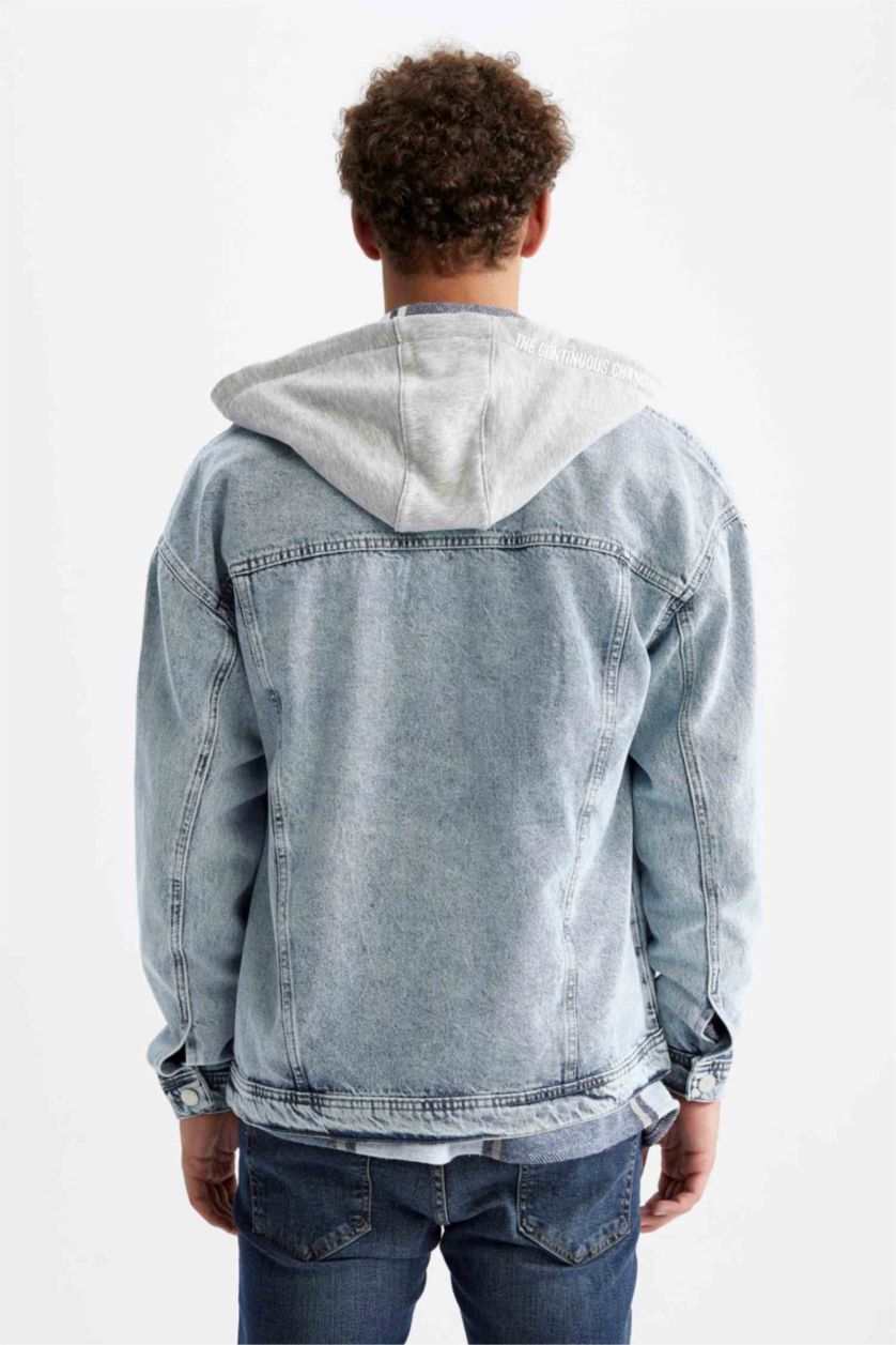 Erkek Açık Mavi Oversize Fit Çıkarabilir Kapüşonlu Jean Ceket