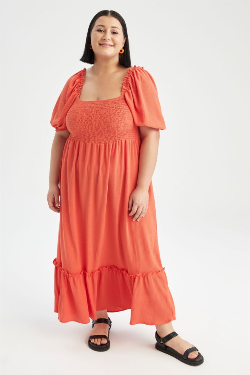 WOMAN Orange DF Plus A-Line Square Neck Plus Size Gipe Short Balloon Sleeve Midi Dress