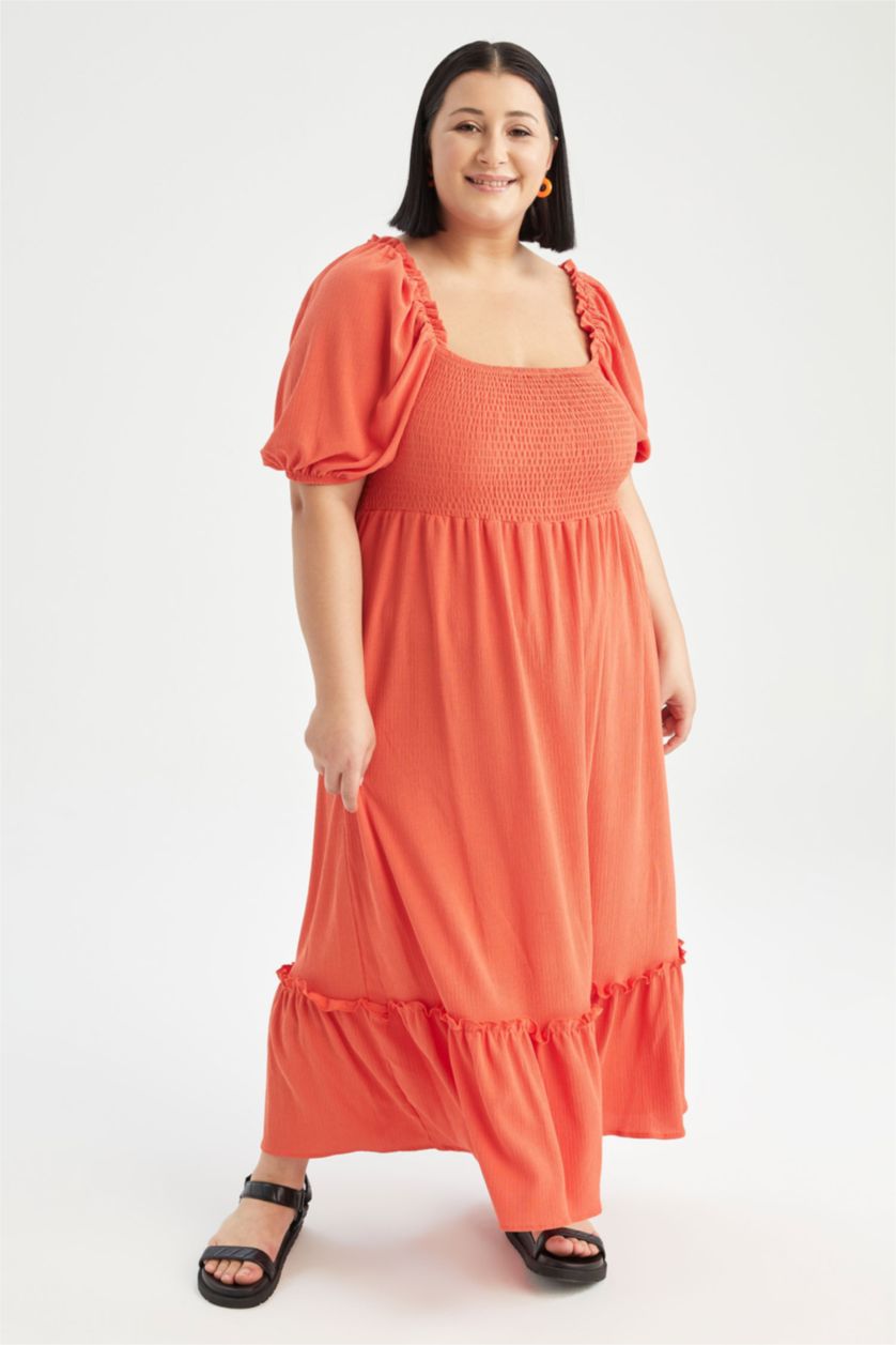WOMAN Orange DF Plus A-Line Square Neck Plus Size Gipe Short Balloon Sleeve Midi Dress