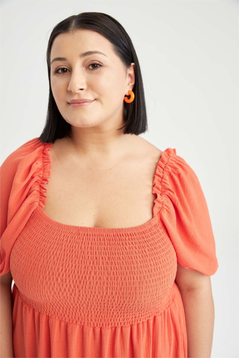 WOMAN Orange DF Plus A-Line Square Neck Plus Size Gipe Short Balloon Sleeve Midi Dress