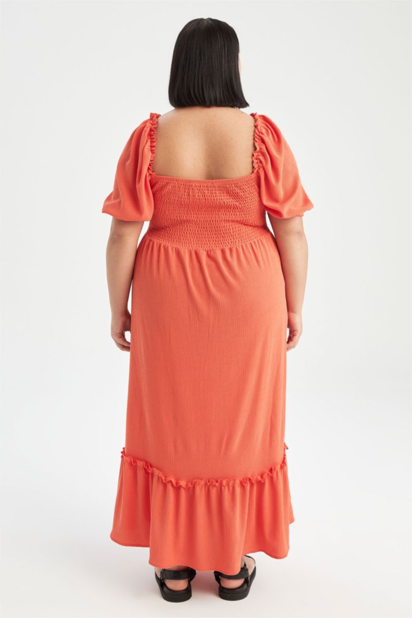 WOMAN Orange DF Plus A-Line Square Neck Plus Size Gipe Short Balloon Sleeve Midi Dress