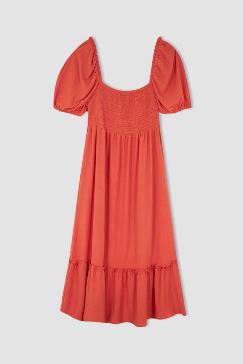 WOMAN Orange DF Plus A-Line Square Neck Plus Size Gipe Short Balloon Sleeve Midi Dress