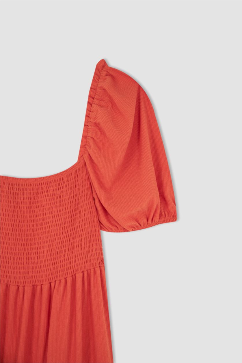 WOMAN Orange DF Plus A-Line Square Neck Plus Size Gipe Short Balloon Sleeve Midi Dress