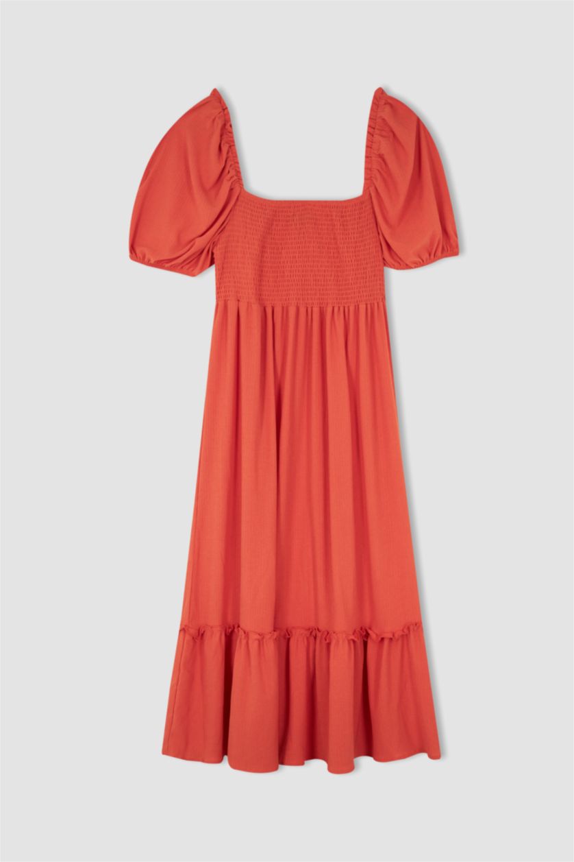 WOMAN Orange DF Plus A-Line Square Neck Plus Size Gipe Short Balloon Sleeve Midi Dress