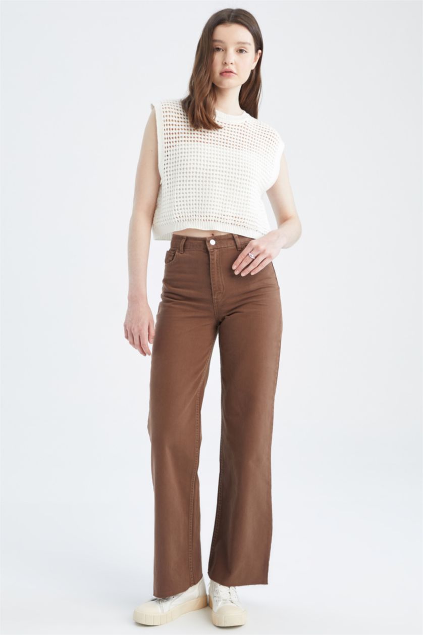 FEMME Marron Pantalon large en gabardine taille haute avec poche