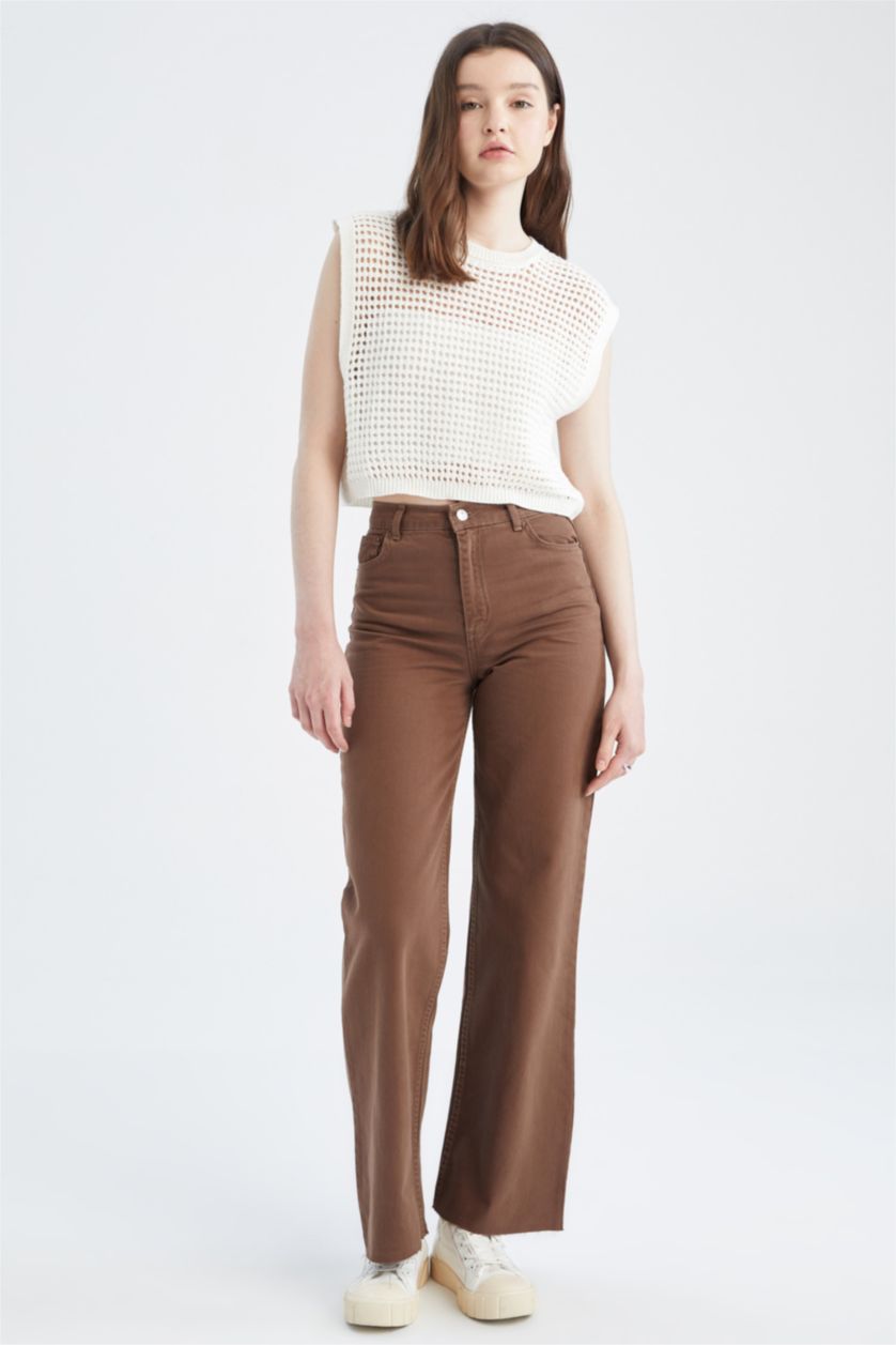 FEMME Marron Pantalon large en gabardine taille haute avec poche