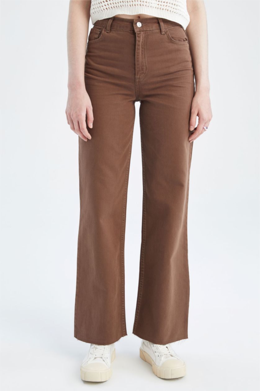 FEMME Marron Pantalon large en gabardine taille haute avec poche