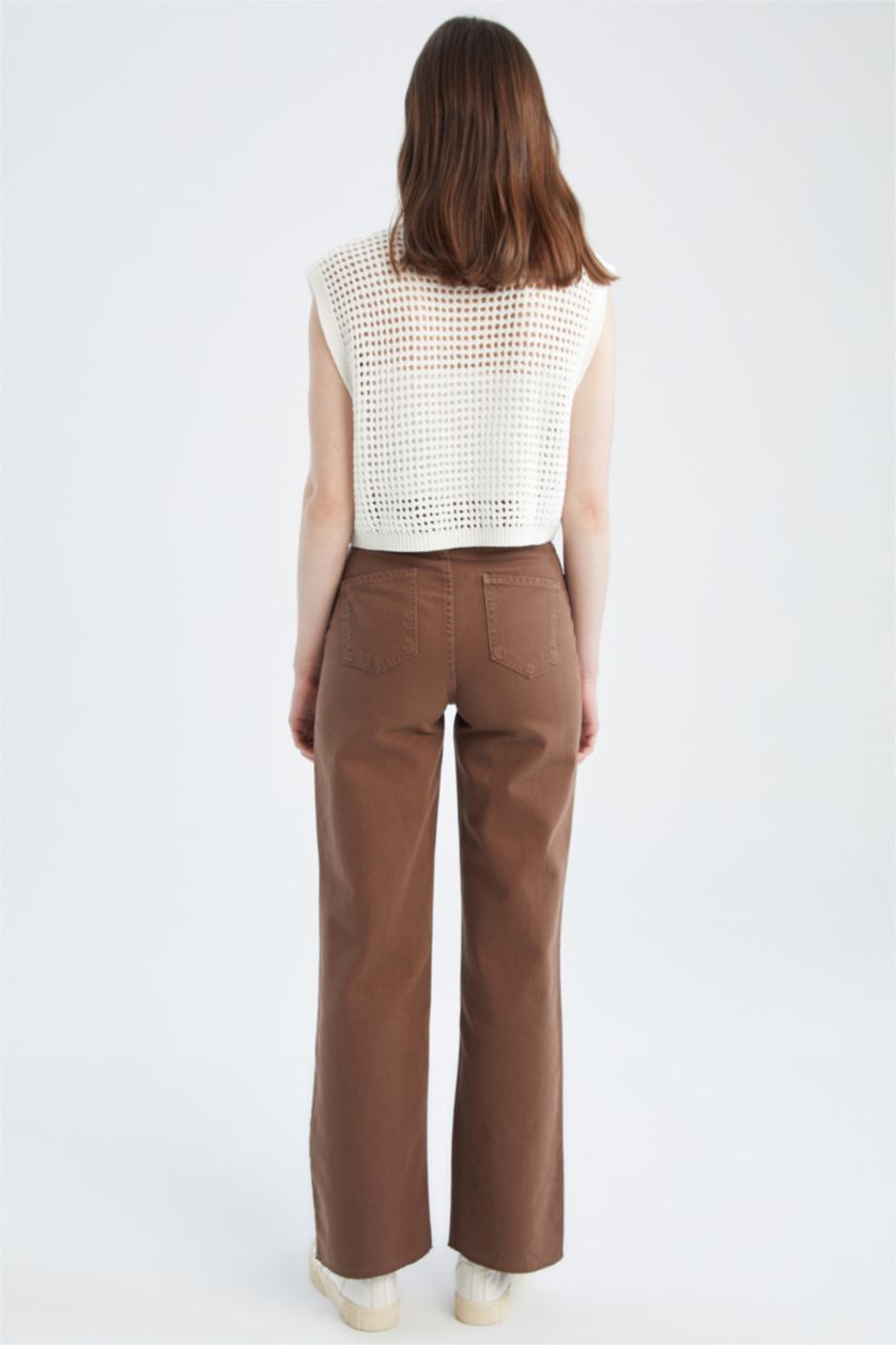 FEMME Marron Pantalon large en gabardine taille haute avec poche