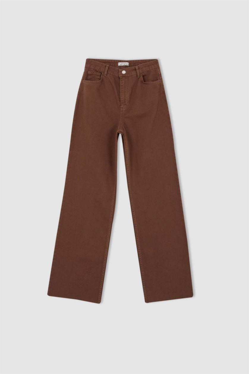 FEMME Marron Pantalon large en gabardine taille haute avec poche