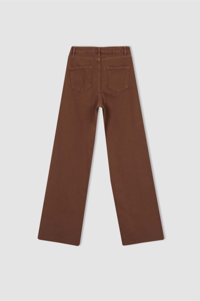 FEMME Marron Pantalon large en gabardine taille haute avec poche