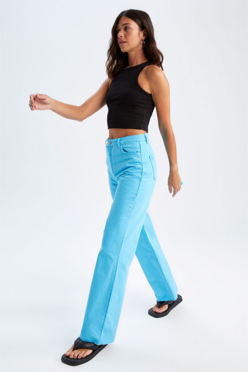 FEMME Turquoise Pantalon large en gabardine taille haute avec poche