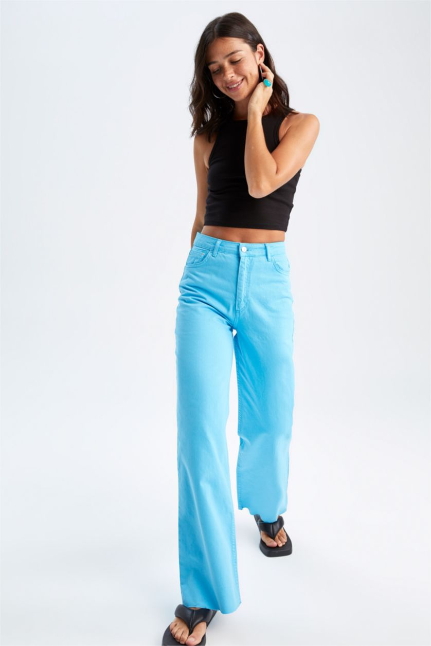 FEMME Turquoise Pantalon large en gabardine taille haute avec poche