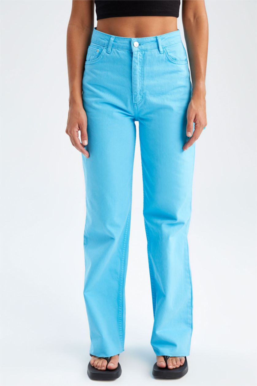 FEMME Turquoise Pantalon large en gabardine taille haute avec poche