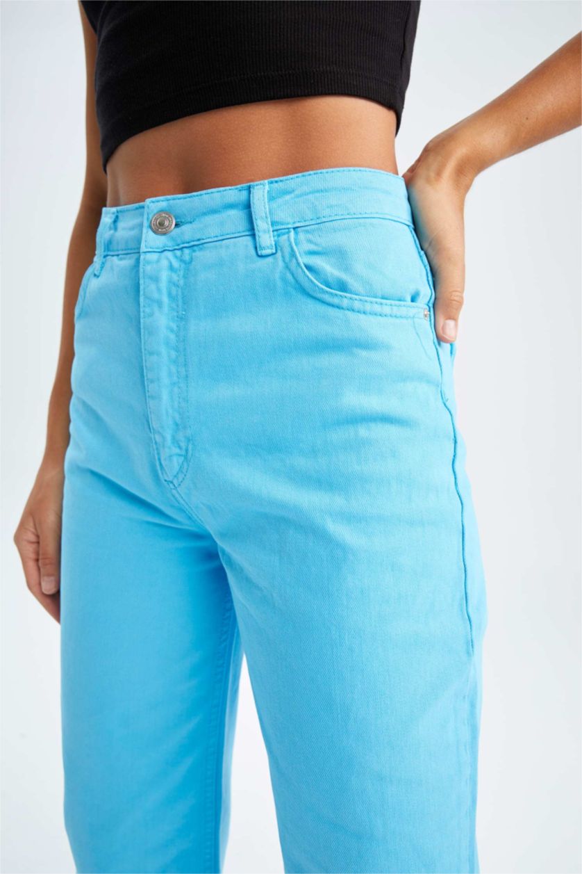 FEMME Turquoise Pantalon large en gabardine taille haute avec poche