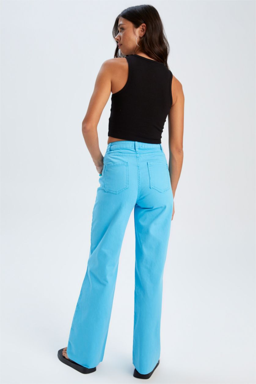 FEMME Turquoise Pantalon large en gabardine taille haute avec poche