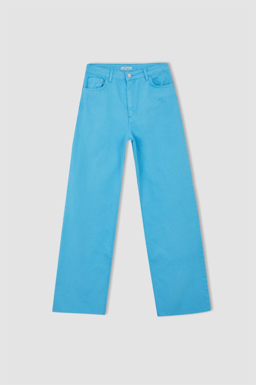 FEMME Turquoise Pantalon large en gabardine taille haute avec poche