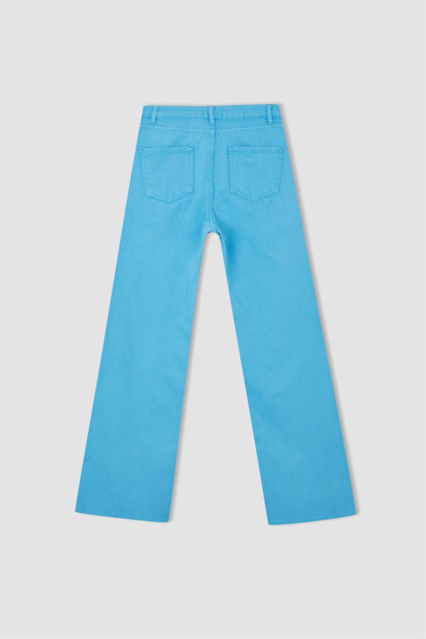 FEMME Turquoise Pantalon large en gabardine taille haute avec poche