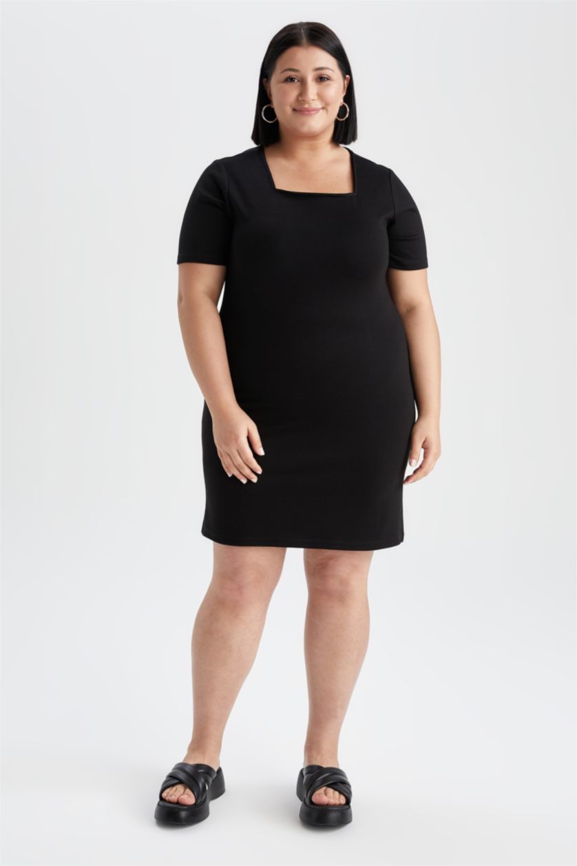 FEMME Noir Robe À Manches Longues En Tricot Très court Col Carré