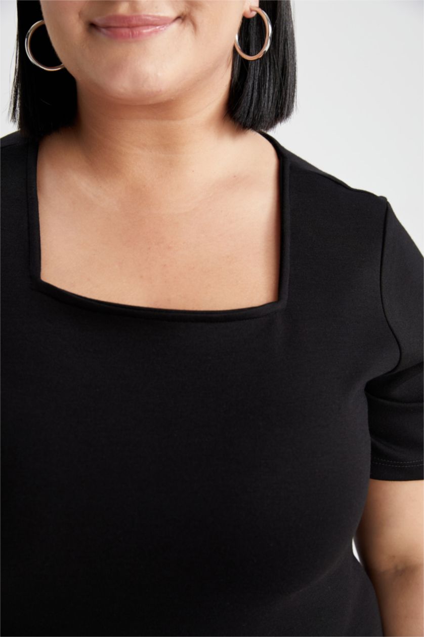 FEMME Noir Robe À Manches Longues En Tricot Très court Col Carré