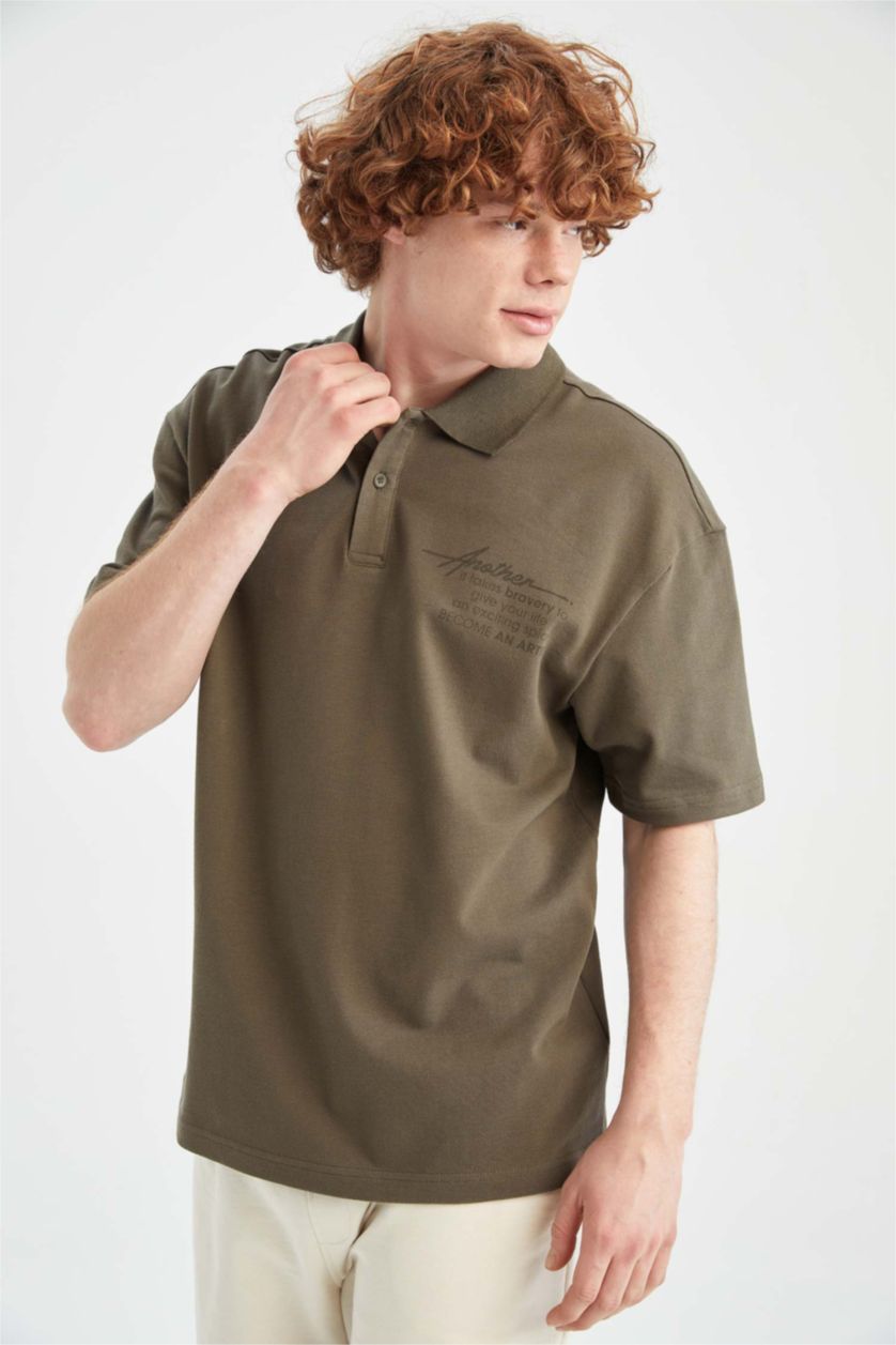 Erkek Haki Boxy Fıt Pike Kısa Kollu Polo Tişört