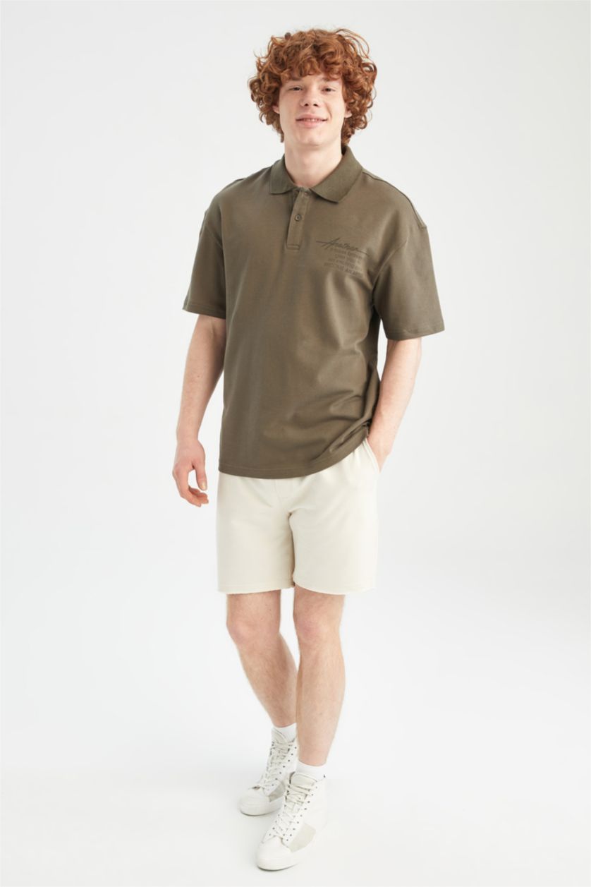 Erkek Haki Boxy Fıt Pike Kısa Kollu Polo Tişört