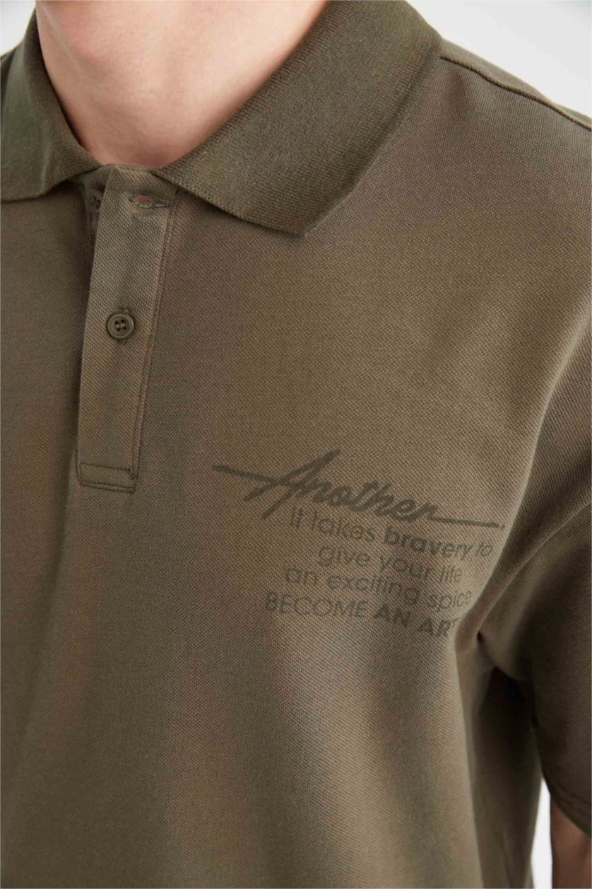 Erkek Haki Boxy Fıt Pike Kısa Kollu Polo Tişört