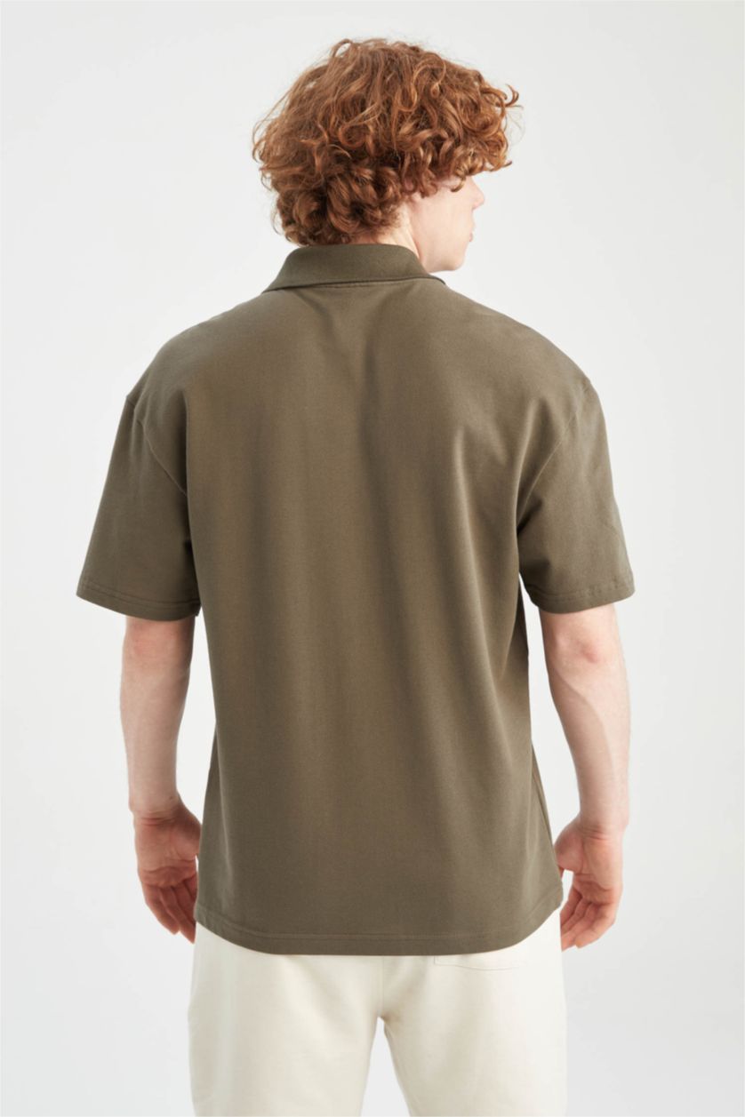 Erkek Haki Boxy Fıt Pike Kısa Kollu Polo Tişört