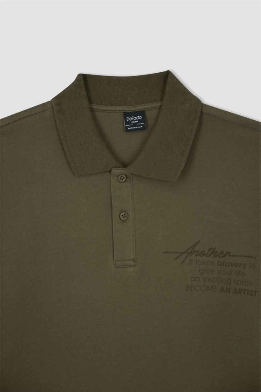 Erkek Haki Boxy Fıt Pike Kısa Kollu Polo Tişört