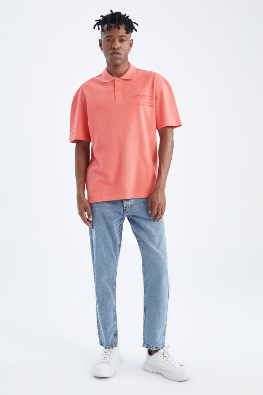Man Coral Boxy Fit Pique Short Sleeve Polo T-Shirt