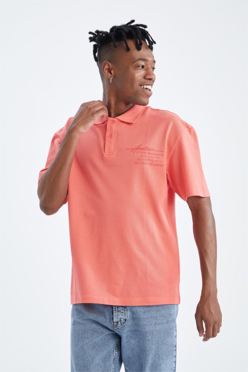 Man Coral Boxy Fit Pique Short Sleeve Polo T-Shirt