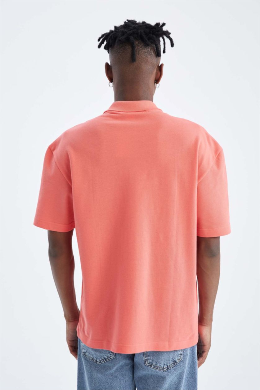 Man Coral Boxy Fit Pique Short Sleeve Polo T-Shirt
