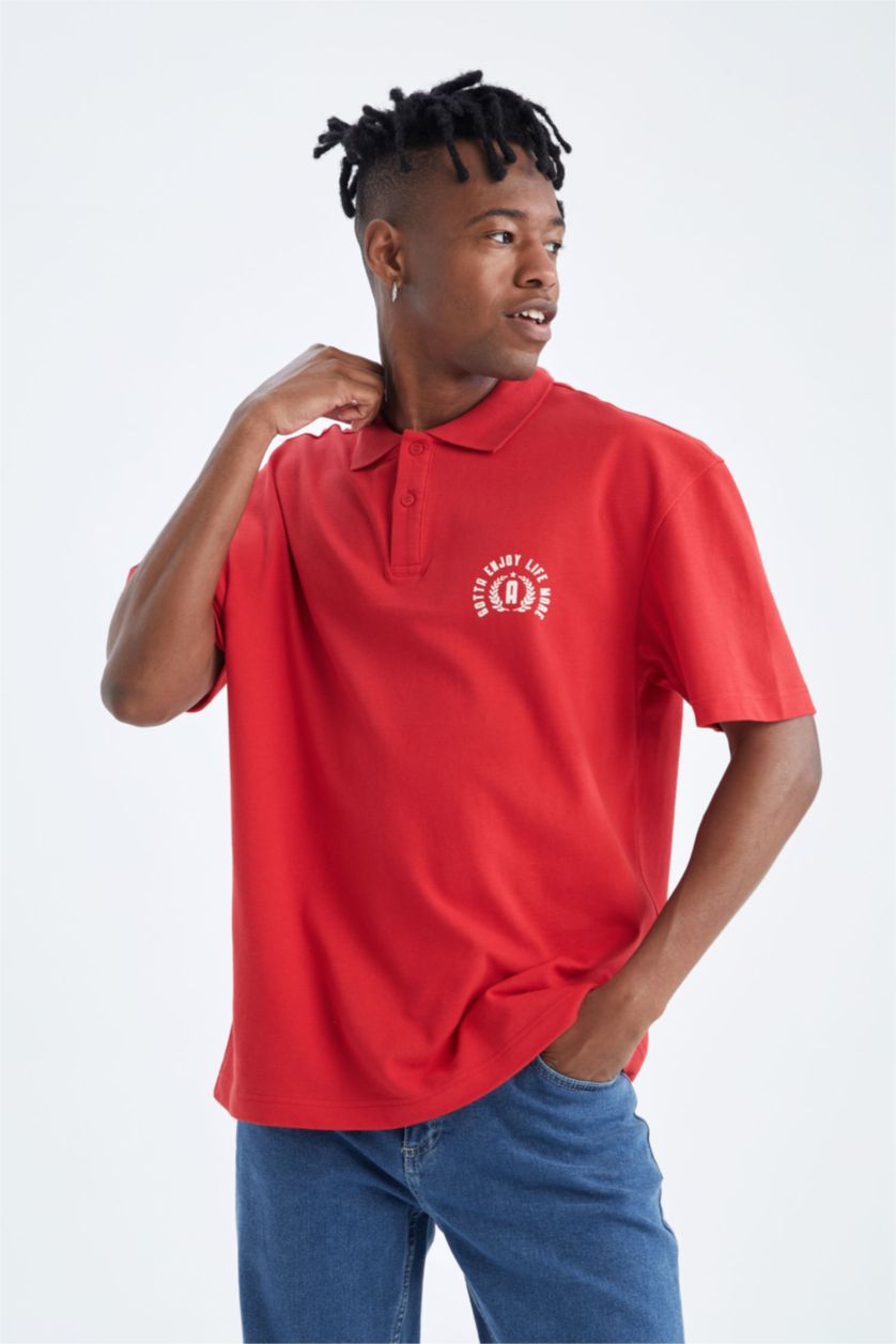 رجال أحمر تيشيرت بولو بيكة مطبوع أوفر سايز بياقة بولو