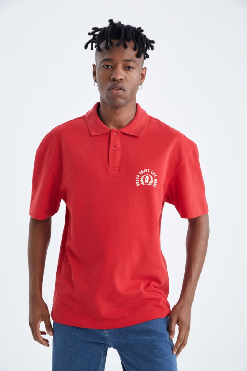 رجال أحمر تيشيرت بولو بيكة مطبوع أوفر سايز بياقة بولو