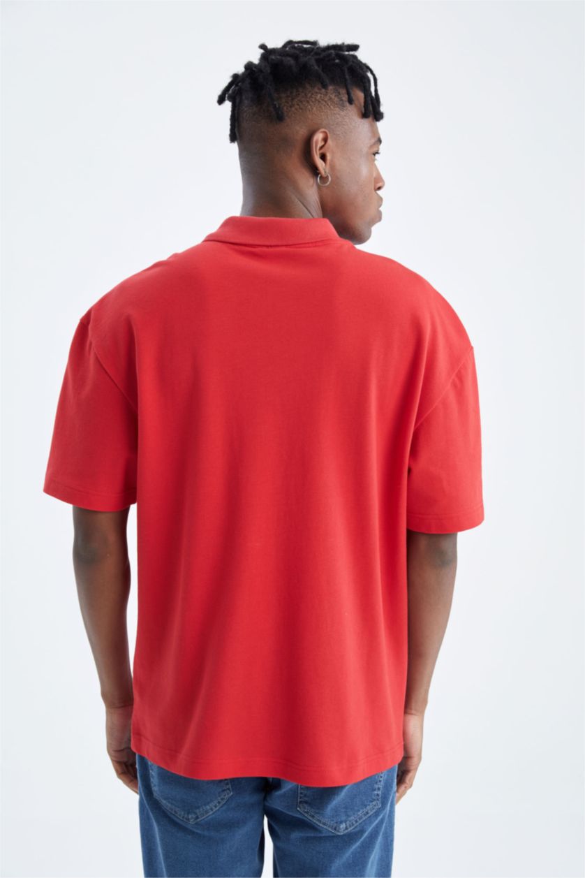 رجال أحمر تيشيرت بولو بيكة مطبوع أوفر سايز بياقة بولو